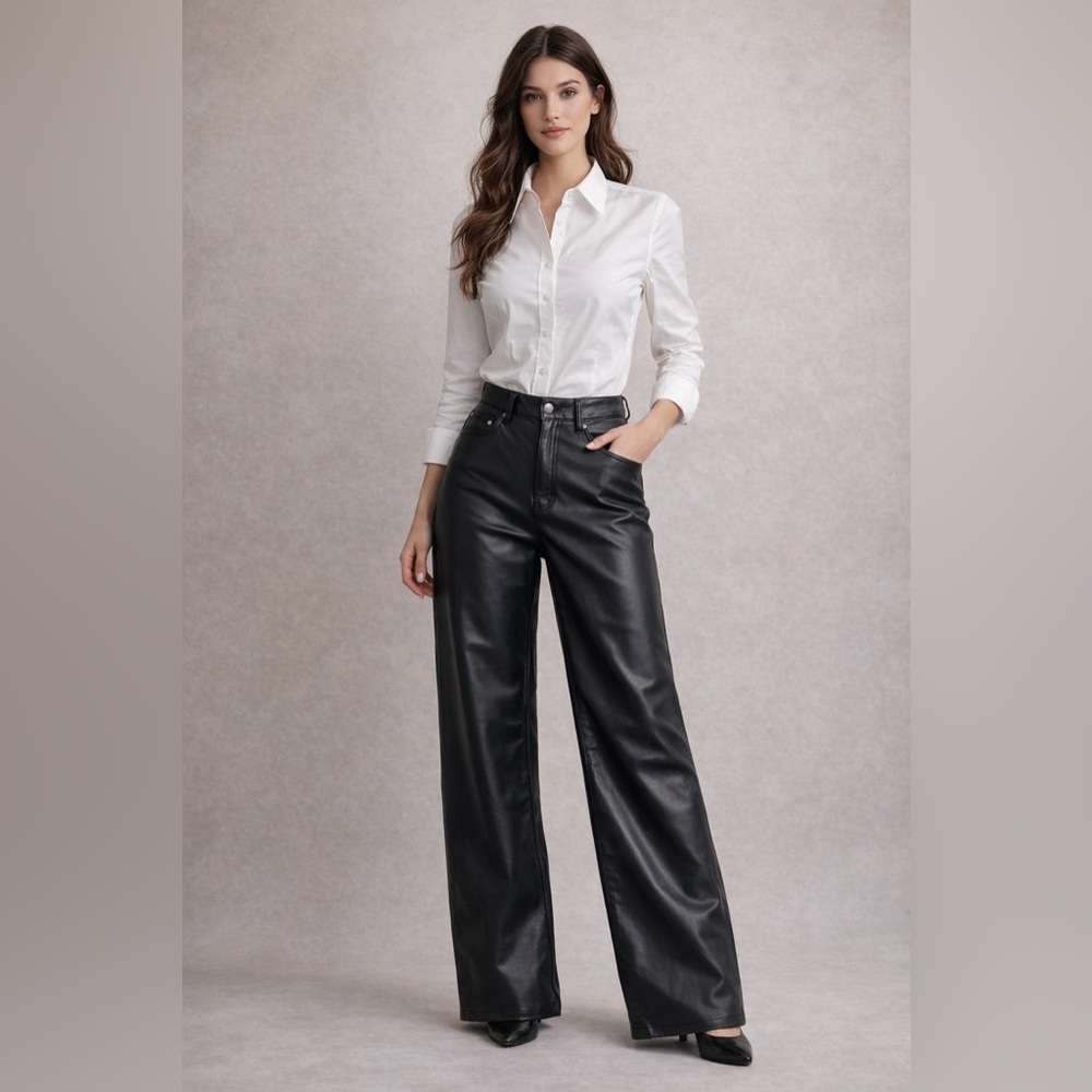 H&M - Black Vegan Leather Wide Leg Pant - 6